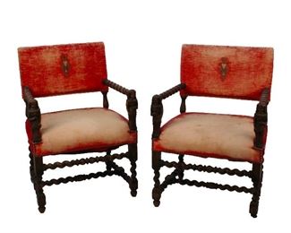 Pair of Continental Walnut Open Arm Chairs