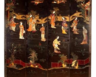Chinese Stone inlaid Lacquer Four Panel Folding Screen.
