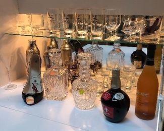 Assorted Bar Glasses, shakers, crystal bottle opener and brass opener