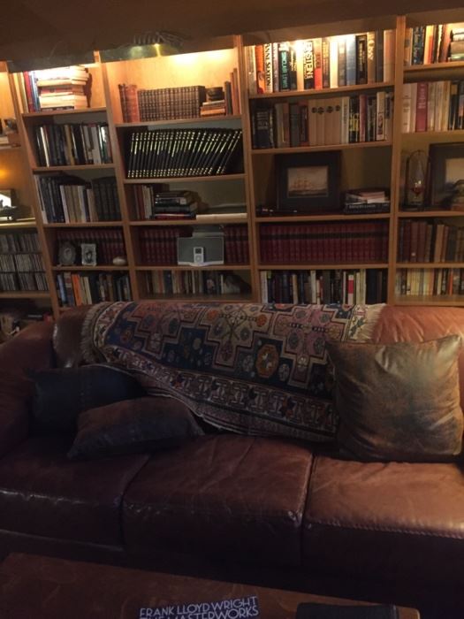 Overview of books -leather couch-tribal carpet