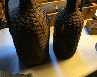 two old Demi-john rattan bottles