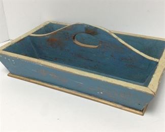 Wooden Utensil Tray In Old Blue Paint