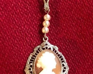 10K Victorian Shell Carved Cameo On Sterling Chain