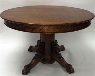 Ornate Claw Foot Pedestal Table With Lion's Head, Quarter Sawed Tiger Oak, 5 Original Leaves
