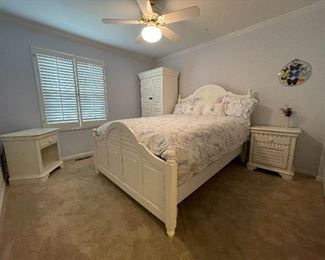 1. Bedroom set by Hooker with wardrobe, Queen size Bed, and tqo nightstands, one of which has a cabinet underneath. Bedding included. Excellent shape and beautiful new condition. White with rubs designed in. $ 500 all