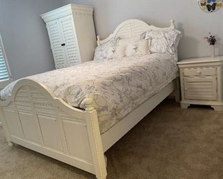 1. Bedroom set by Hooker with wardrobe, Queen size Bed, and tqo nightstands, one of which has a cabinet underneath.  Bedding included.  Excellent shape and beautiful new condition.  White with rubs designed in.   $ 500 all