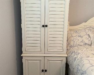 1. Bedroom set by Hooker with wardrobe, Queen size Bed, and tqo nightstands, one of which has a cabinet underneath.  Bedding included.  Excellent shape and beautiful new condition.  White with rubs designed in.   $ 500 all