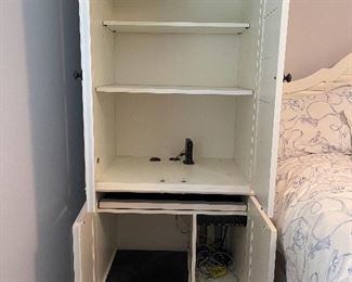 1. Bedroom set by Hooker with wardrobe, Queen size Bed, and tqo nightstands, one of which has a cabinet underneath.  Bedding included.  Excellent shape and beautiful new condition.  White with rubs designed in.   $ 500 all