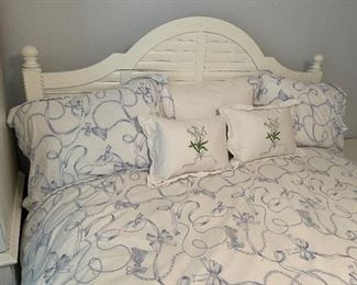 1. Bedroom set by Hooker with wardrobe, Queen size Bed, and tqo nightstands, one of which has a cabinet underneath.  Bedding included.  Excellent shape and beautiful new condition.  White with rubs designed in.   $ 500 all