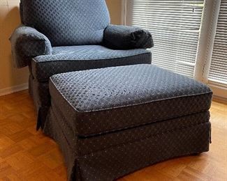 2. PAIR of blue upholstered chairs and one matching ottoman $150
