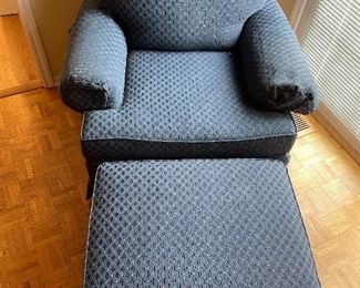 2. PAIR of blue upholstered chairs and one matching ottoman $150