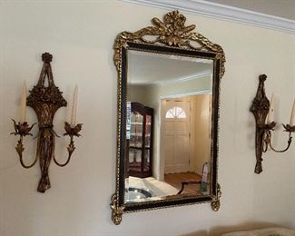 13. Pair of Hollywood Regency Sconce candleholders and antique black and gold gilded mirror.  Very nice.  $165 all three