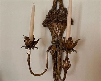13. Pair of Hollywood Regency Sconce candleholders and antique black and gold gilded mirror.  Very nice.  $165 all three