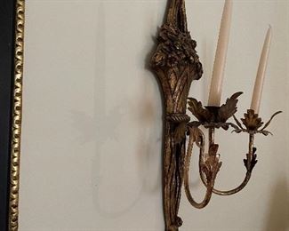 13. Pair of Hollywood Regency Sconce candleholders and antique black and gold gilded mirror.  Very nice.  $165 all three