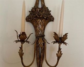 13. Pair of Hollywood Regency Sconce candleholders and antique black and gold gilded mirror.  Very nice.  $165 all three
