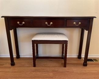 17. Foyer table and small upholstered stool bench $65