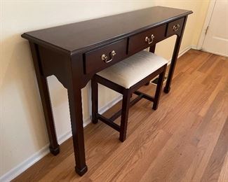 17. Foyer table and small upholstered stool bench $65