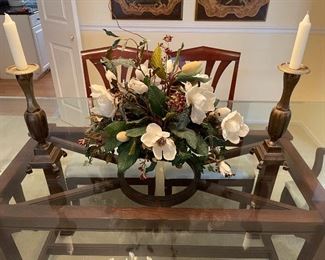22. Centerpiece faux flower arrangelemtn and 2 metal heavy candlesticks.  Not antique, but still awesome.  $40 all