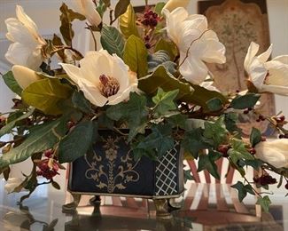 22. Centerpiece faux flower arrangelemtn and 2 metal heavy candlesticks.  Not antique, but still awesome.  $40 all