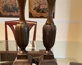 22. Centerpiece faux flower arrangelemtn and 2 metal heavy candlesticks.  Not antique, but still awesome.  $40 all