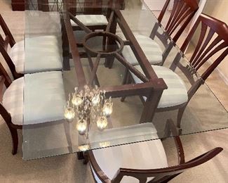 20. Excellent modern dining table with a wood base, beveled glass top and 6 chairs (2 of which are arm chairs).  Excellent condition.  One chair has a stain that looks like a drop of some liquid on the corner, otherwise perfect.  $495 table and chairs