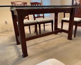 20. Excellent modern dining table with a wood base, beveled glass top and 6 chairs (2 of which are arm chairs).  Excellent condition.  One chair has a stain that looks like a drop of some liquid on the corner, otherwise perfect.  $495 table and chairs