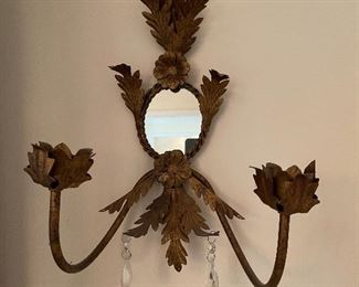 23. Pair of vintage Hollywood Regency Candlestick holder sconces, with mirrors and crystal beads hanging.  Very neat.  $35 pair