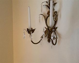 23. Pair of vintage Hollywood Regency Candlestick holder sconces, with mirrors and crystal beads hanging.  Very neat.  $35 pair