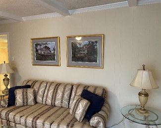 27. Two matching lamps and 2 old Louisiana plantation house prints.  adn one Floral print $95
