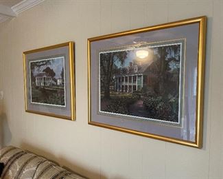 27. Two matching lamps and 2 old Louisiana plantation house prints.  adn one Floral print $95