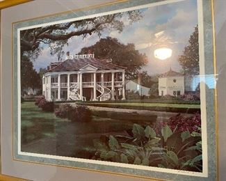 27. Two matching lamps and 2 old Louisiana plantation house prints.  adn one Floral print $95