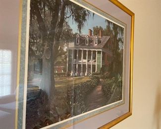 27. Two matching lamps and 2 old Louisiana plantation house prints.  adn one Floral print $95
