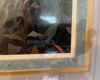 27. Two matching lamps and 2 old Louisiana plantation house prints.  adn one Floral print $95