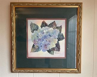 27. Two matching lamps and 2 old Louisiana plantation house prints.  adn one Floral print $95