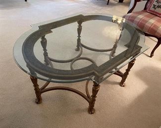 31. Beautiful glass and wood coffee table, probably Ethan Allen $195