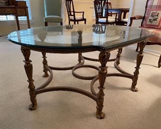 31. Beautiful glass and wood coffee table, probably Ethan Allen $195
