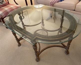 31. Beautiful glass and wood coffee table, probably Ethan Allen $195