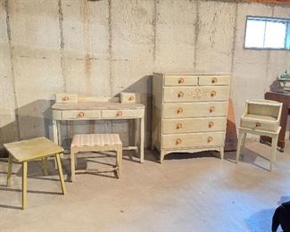 36. Nice set of art deco modern dresser, vanity, stool, nightstand and extra small table.  All were antiqued in the 70s, and have wear.  One handle is loose.  No other real issues to mention. $300 all