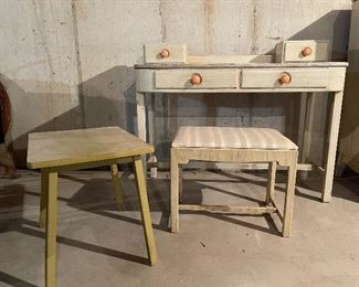 36. Nice set of art deco modern dresser, vanity, stool, nightstand and extra small table.  All were antiqued in the 70s, and have wear.  One handle is loose.  No other real issues to mention. $300 all