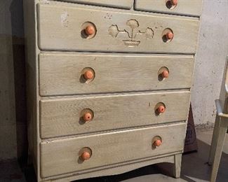 36. Nice set of art deco modern dresser, vanity, stool, nightstand and extra small table.  All were antiqued in the 70s, and have wear.  One handle is loose.  No other real issues to mention. $300 all