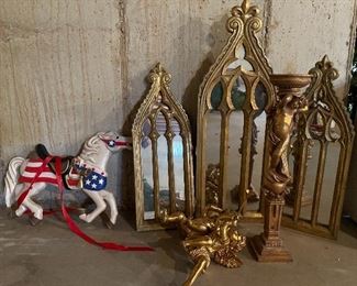 46. Cherubs, Hinged 3 piece mirror (left piece needs to get reattached) and a horse!  All composite heavy resin or plaster $50