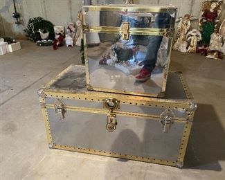 50. Killer pair of brass and chromed metal trunks, one rectangle and one square $100