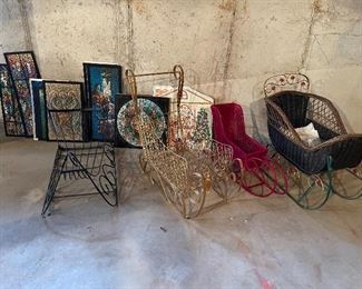 51. Set of 4 sleighs, and some prints.  Prints are fantastic.  High detail stained glass window impressions. $65