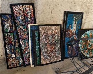 51. Set of 4 sleighs, and some prints.  Prints are fantastic.  High detail stained glass window impressions. $65