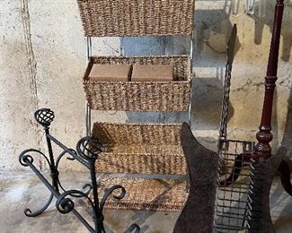 52. Lot of 5 pieces, guitar cd rack, wicker basket rack, magazing stand, glass vase 2 tiered table, and a cool decorative bassinet $70