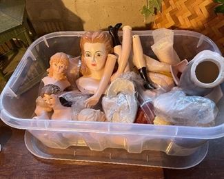 52. Sewing machine table (no machine inside), plant stand, small bench and old ceramic doll parts $65