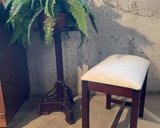 52. Sewing machine table (no machine inside), plant stand, small bench and old ceramic doll parts $65