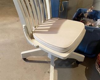 54. Small bar cart, rollling old wood chair painted white, baskets, heavy brass lamp and $55