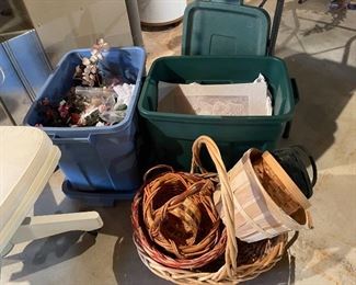 54. Small bar cart, rollling old wood chair painted white, baskets, heavy brass lamp and $55