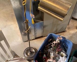 54. Small bar cart, rollling old wood chair painted white, baskets, heavy brass lamp and $55